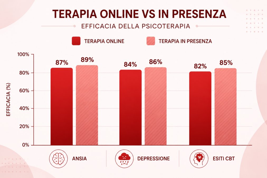 Bar chart comparing efficacy rates of online vs in-person therapy: Online therapy 87% effectiveness for anxiety, 84% for depression, 82% for CBT outcomes; In-person therapy 89% effectiveness for anxiety, 86% for depression, 85% for CBT outcomes
