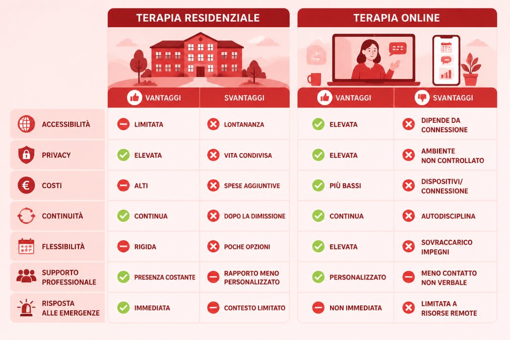 Tabella comparativa tra terapia residenziale online e in presenza su costi, privacy e flessibilità.