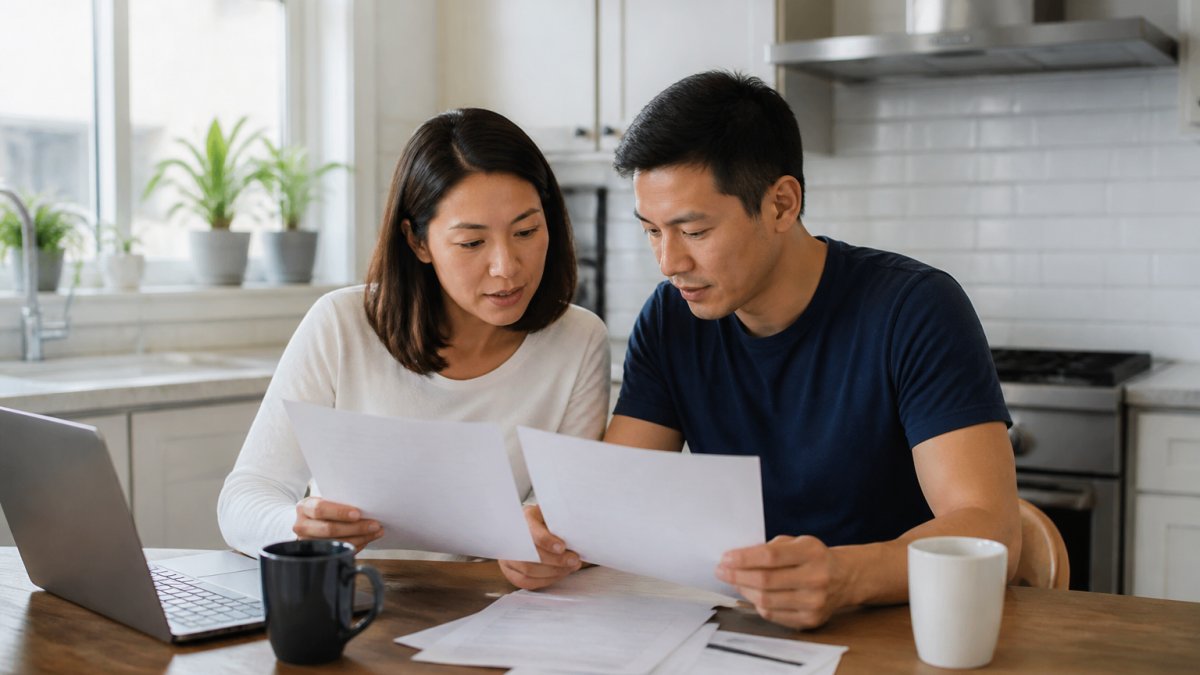 A young couple reviewing life insurance documents at a kitchen table, with a laptop and coffee mugs, looking focused and collaborative