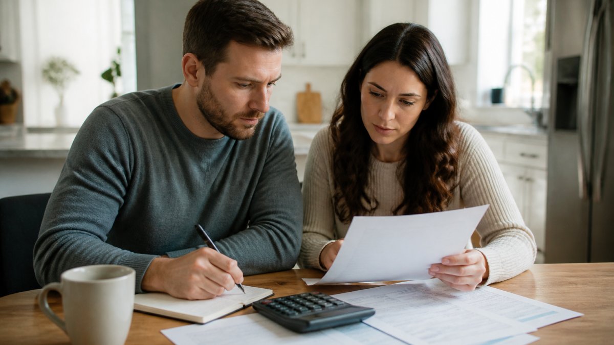 Infographic comparing term vs whole life insurance features for a couple reviewing financial plans at home.