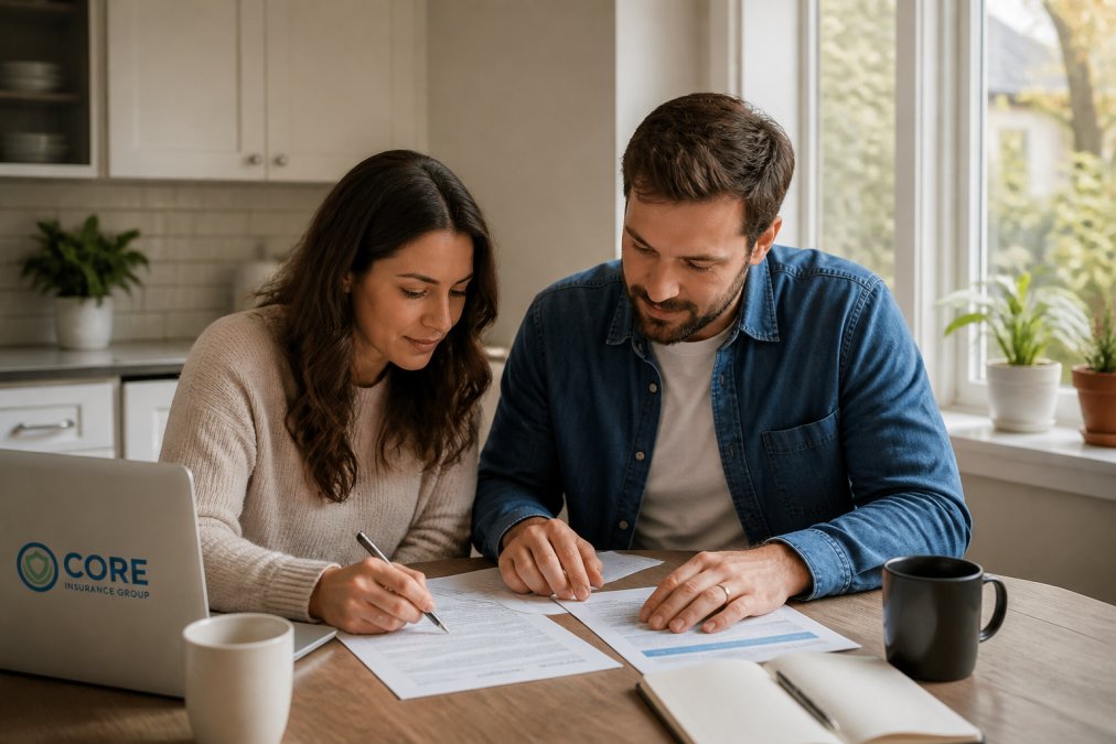 A couple in their mid-30s sitting at a kitchen table with a laptop, reviewing life insurance documents and taking notes, warm natural light coming through a window, coffee mugs on the table, focused and engaged expressions