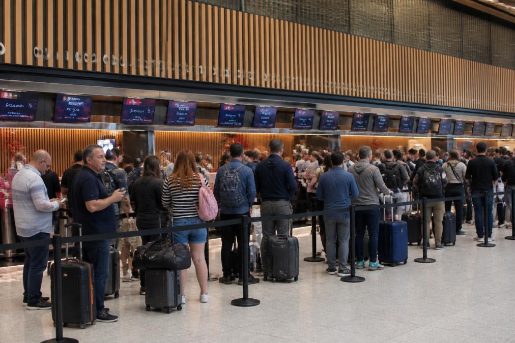 Busy departures concourse at Terminal 3 with check-in desks, passengers queuing with luggage, and flight information displays overhead showing departure times and gate assignments