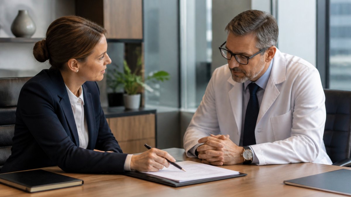 Professional physician and employer representative in a modern office setting reviewing contract documents together at a desk, discussing terms with open body language and neutral lighting