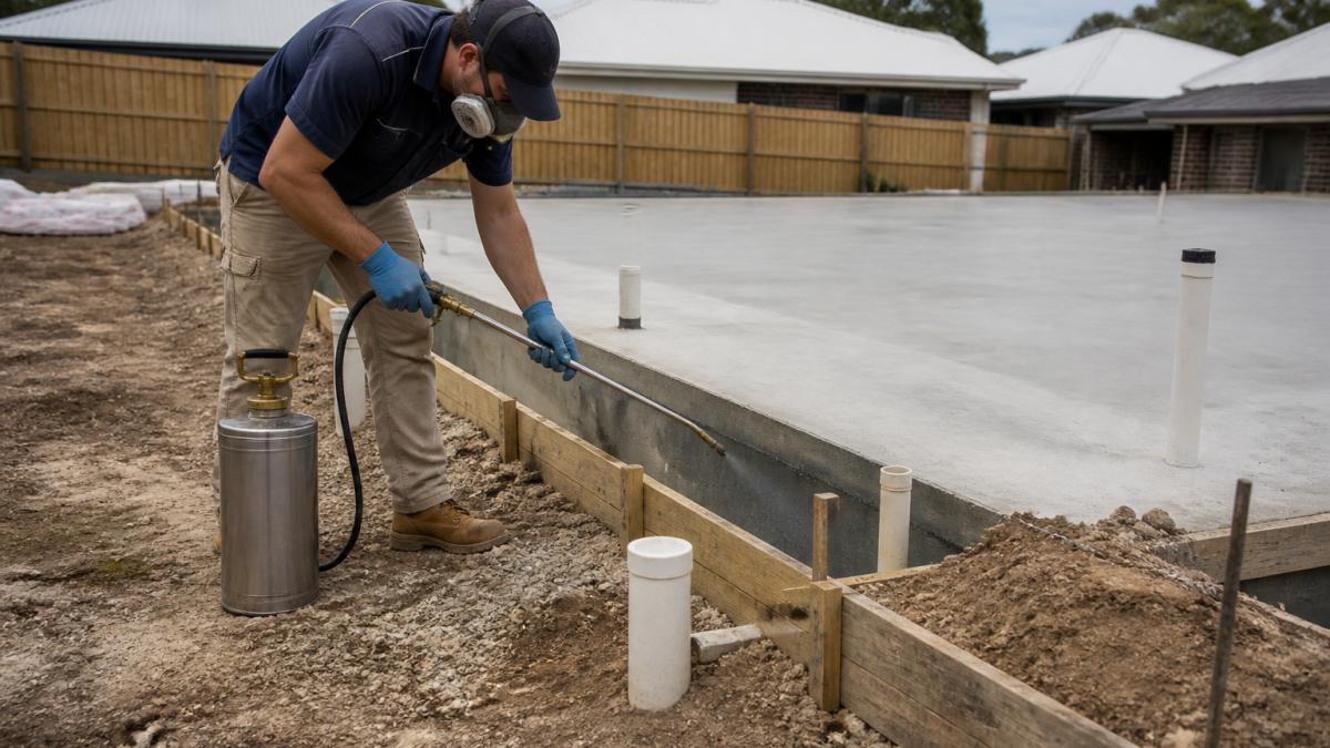 Technician in safety gear applying a liquid termite barrier installation along a concrete slab edge