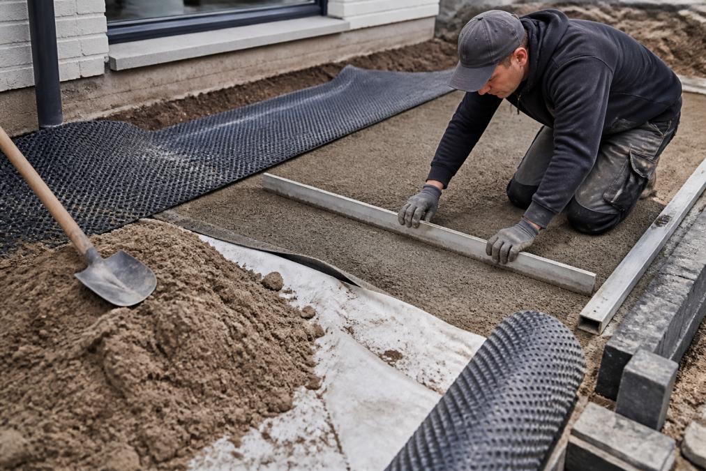 Vakman die keramische tegels en natuursteen voorzichtig legt op een terras met mortel en voegwerk, met waterpas en gereedschap zichtbaar