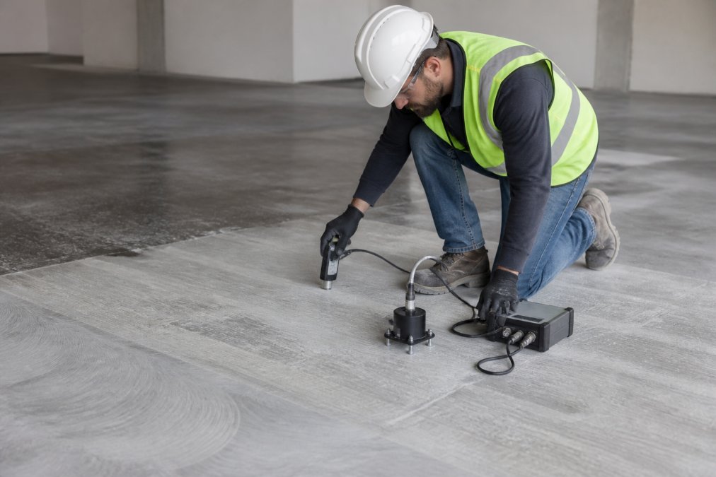 Professional technician in safety gear inspecting and testing concrete slab surface with moisture meter and specialized testing equipment, showing diamond grinding marks and clean preparation areas under bright workshop lighting