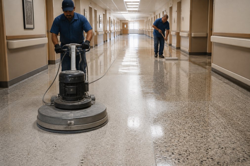 Technician using a floor grinder for terrazzo polishing while a coworker applies sealer in a hospital corridor.