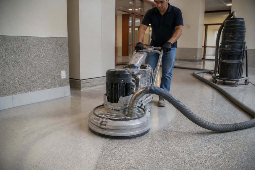 Professional technician operating diamond grinding equipment on terrazzo floor surface with dust containment hood and collection system in commercial facility