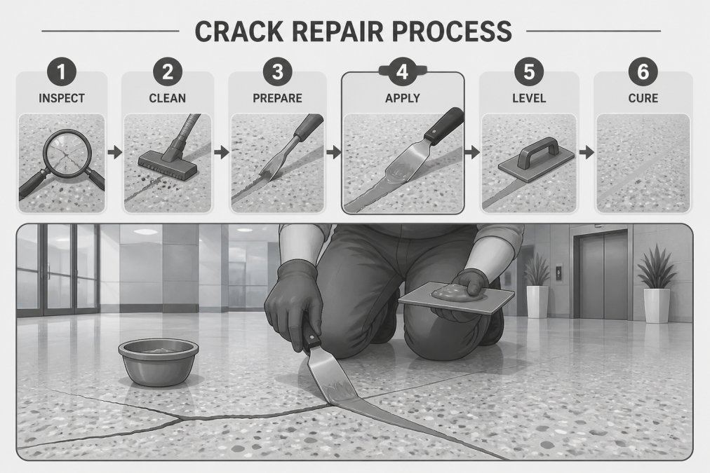 Skilled technician applying epoxy patching compound to a crack in terrazzo floor using precision tools, showing the repair process in a commercial building interior