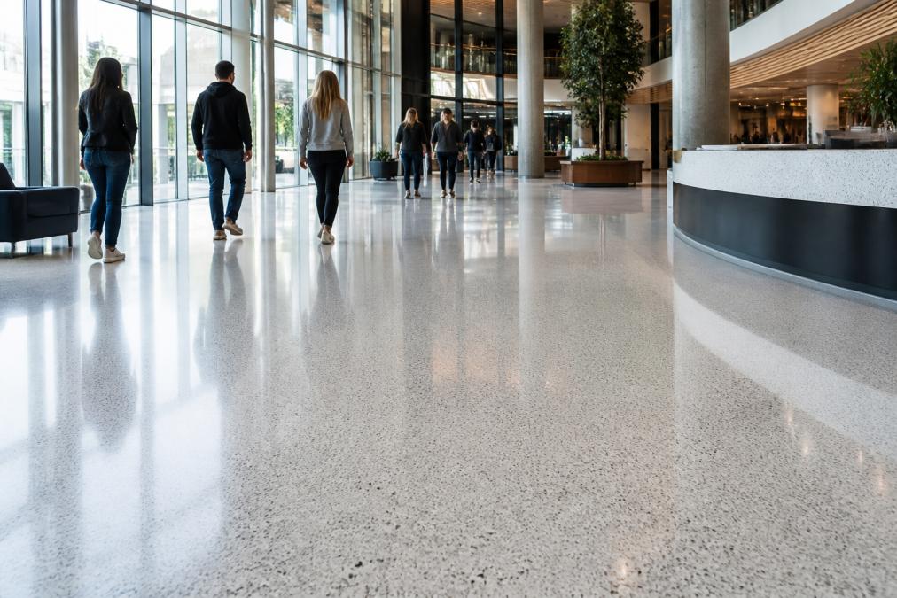 Wide shot of a polished terrazzo floor in a modern commercial lobby with natural light reflecting off the surface, people walking through the space