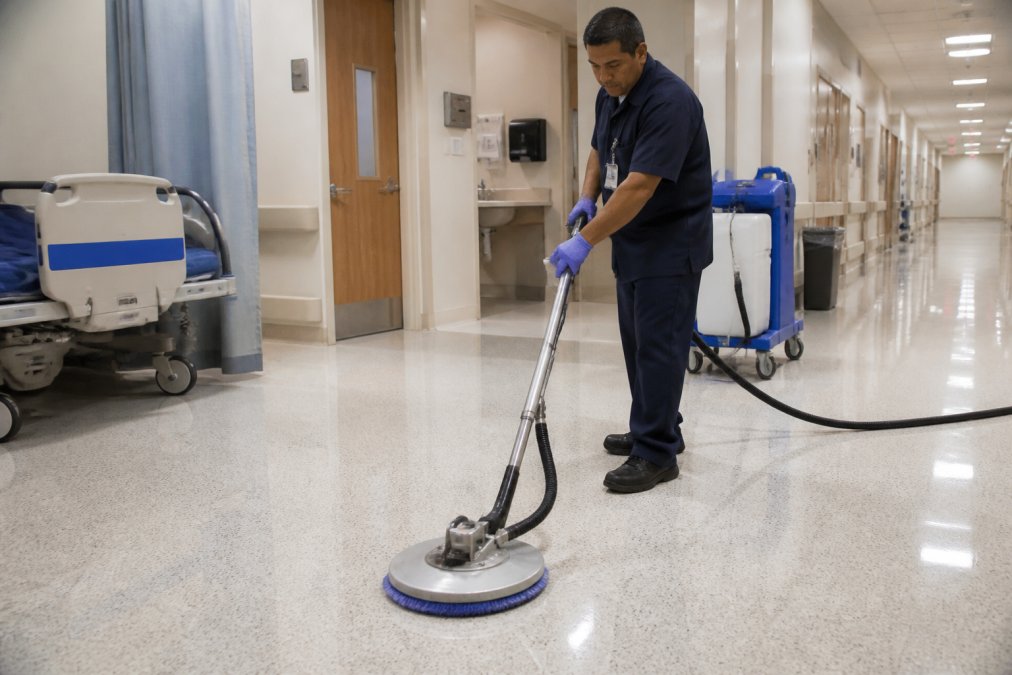 Facility maintenance worker using professional cleaning equipment on terrazzo flooring in a hospital corridor, demonstrating proper sanitization technique with disinfectant solution and microfiber attachment