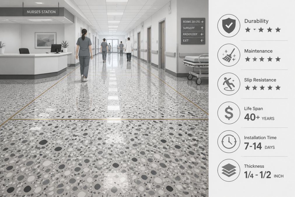 Wide-angle view of a polished terrazzo floor in a busy hospital corridor showing the seamless surface finish, brass divider strips, and multi-color aggregate pattern under bright overhead fluorescent lighting, with staff walking in the background