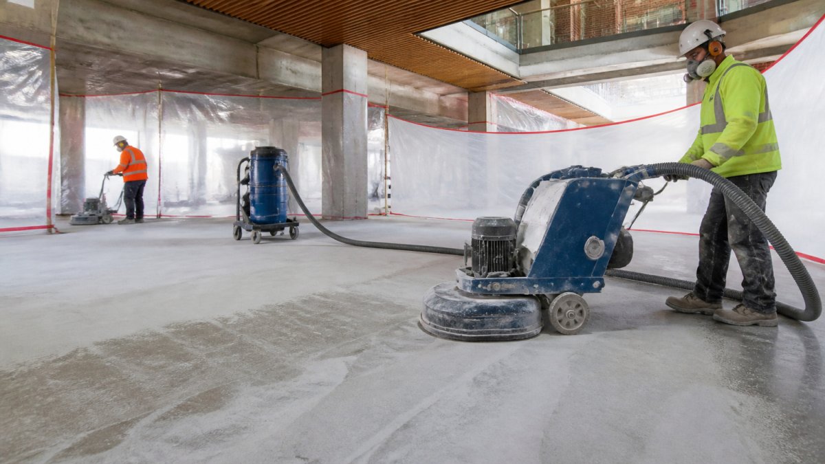Infographic showing the surface preparation stage of the terrazzo installation timeline in a campus building.