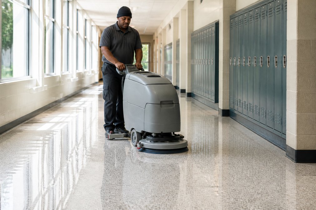Custodial staff member operating a commercial floor scrubber on a polished terrazzo hallway in a school, with student lockers visible in the background and natural light streaming through windows