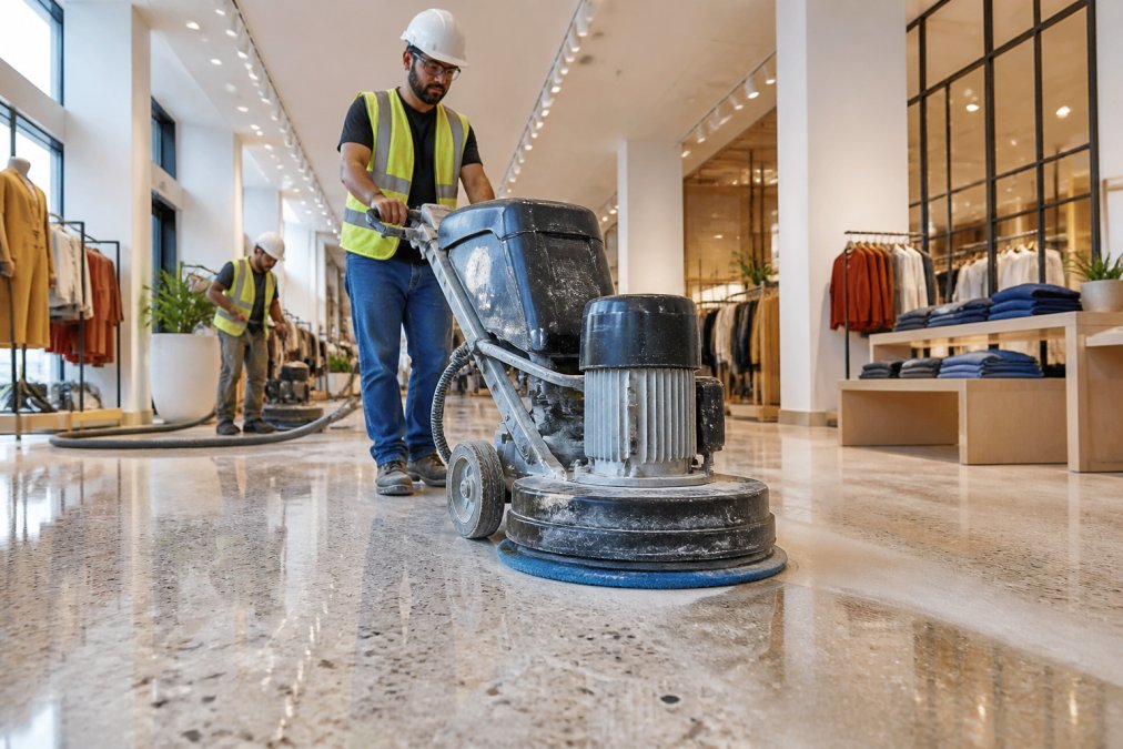 A team of flooring specialists in safety gear operating a large diamond grinding machine on a terrazzo floor inside a bright retail store, with store fixtures visible in the background