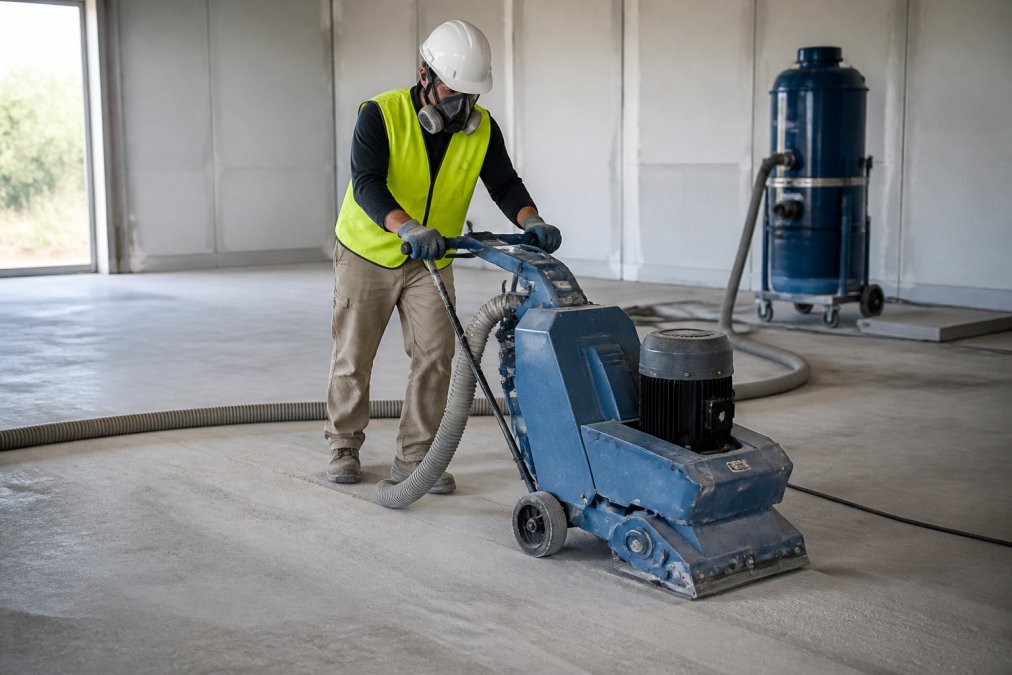 Technician in full safety gear (respirator, gloves, hard hat) operating a self-propelled shot blasting machine on a concrete floor, with dust collection hose attached and collection unit visible in background