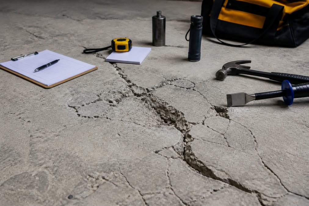 Close-up of concrete floor surface showing multiple cracks, spalling, and uneven areas with concrete repair tools and assessment equipment visible nearby