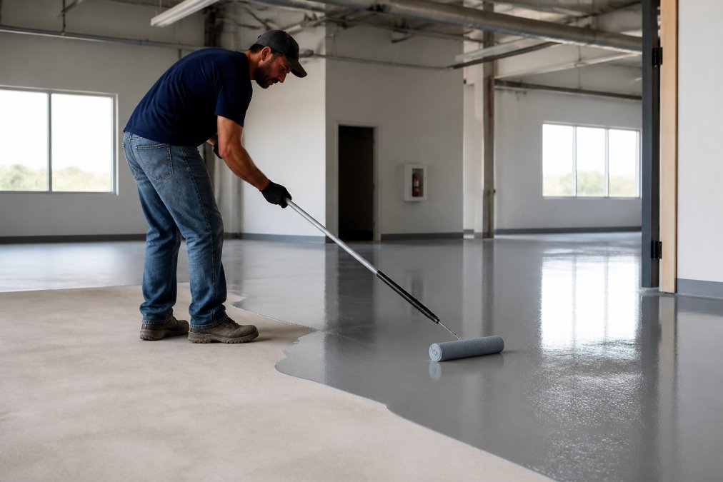 Professional craftsman applying seamless epoxy coating to prepared concrete floor using industrial roller in bright commercial space, showing smooth technique and even coverage