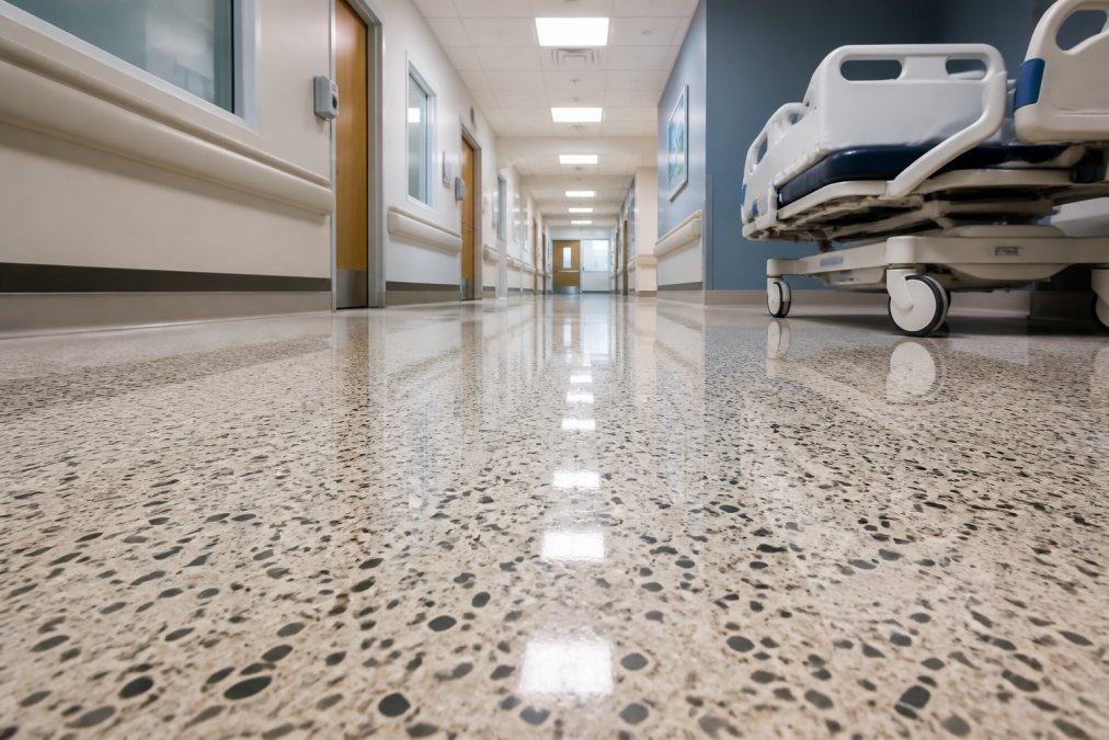 Polished terrazzo flooring in hospital corridor showing intricate aggregate pattern and reflective surface under bright overhead lighting, demonstrating finished aesthetic and durability in high-traffic clinical environment