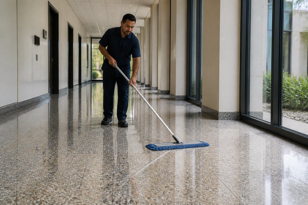 Professional facility manager dust-mopping a polished terrazzo floor in a commercial hallway, with natural light highlighting the floor's aggregate surface and shine