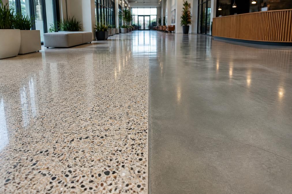Split-view photograph of two commercial lobby floors: left side shows a colorful terrazzo floor with decorative aggregate chips and a high-gloss finish, right side shows a polished concrete floor in matte gray, bright commercial lighting, wide-angle shot