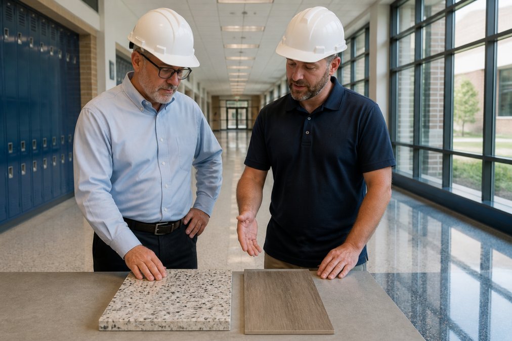 A school facility manager and a flooring contractor in hard hats examining a terrazzo sample and a vinyl plank side by side in a bright, empty school corridor with polished floors and large windows