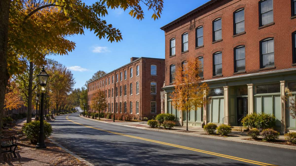 Tree-lined main street of Terryville with historic mill buildings and storefronts on a clear autumn day, brick facades catching afternoon sunlight