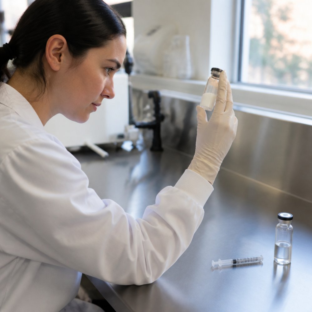 Researcher examining a vial of peptide powder to study the tesamorelin mechanism of action in a laboratory setting