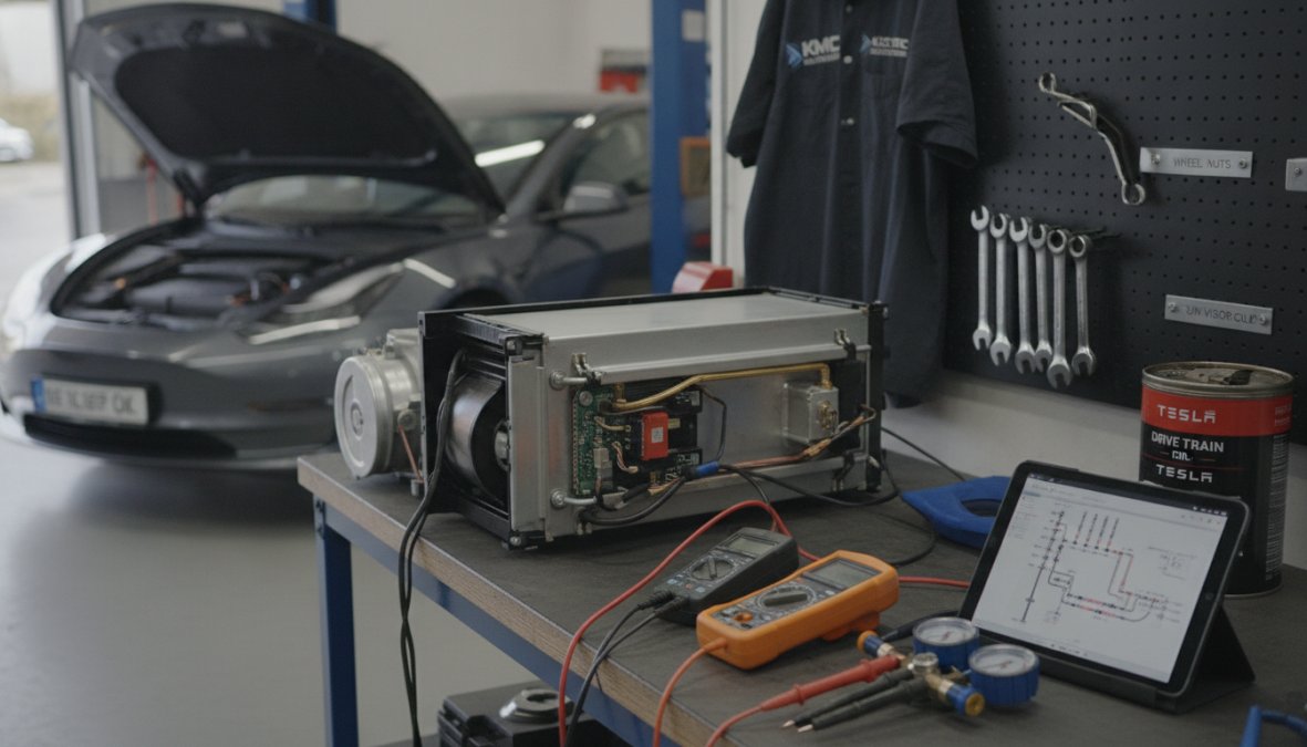 Technician's hands inspecting Tesla heat pump components with diagnostic scanner visible on workbench, close-up of refrigerant lines and compressor housing