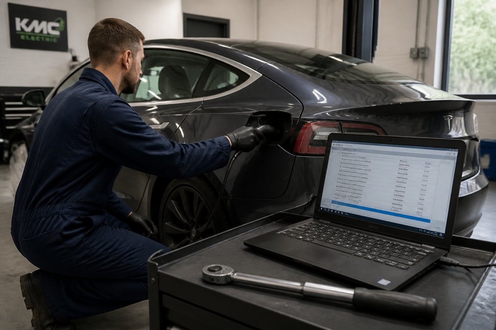 Technician using a diagnostic laptop to check electric vehicle battery health in a modern workshop
