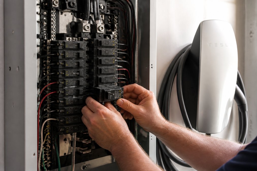 Professional illustration showing Professional, Tesla Wall Connector for Tesla charging station installation