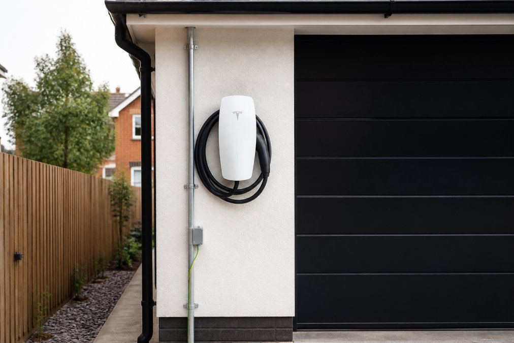 Professional illustration showing Completed Tesla Wall Connector for Tesla charging station installation