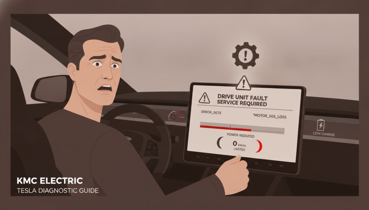 Close-up of Tesla dashboard displaying warning alerts and fault codes on the screen, with a driver's concerned expression visible in the rearview mirror
