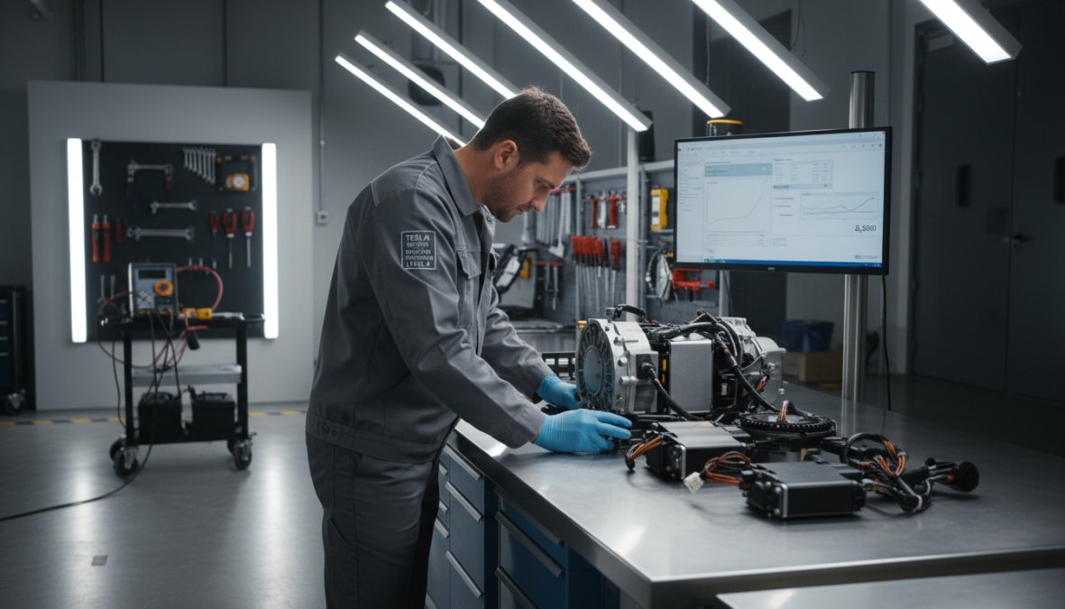 A Level 4 master technician in a professional service bay inspecting a Tesla drive unit on a clean metal workbench, with EV diagnostic equipment and a laptop displaying live vehicle data visible in the background, workshop fluorescent lighting overhead