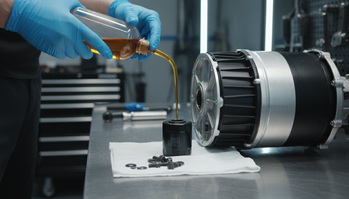Close-up of a technician's gloved hands carefully pouring amber drivetrain oil into a Tesla motor assembly, with a new oil filter and small bolts arranged neatly on a clean white workshop cloth on a steel workbench, bright workshop lighting above