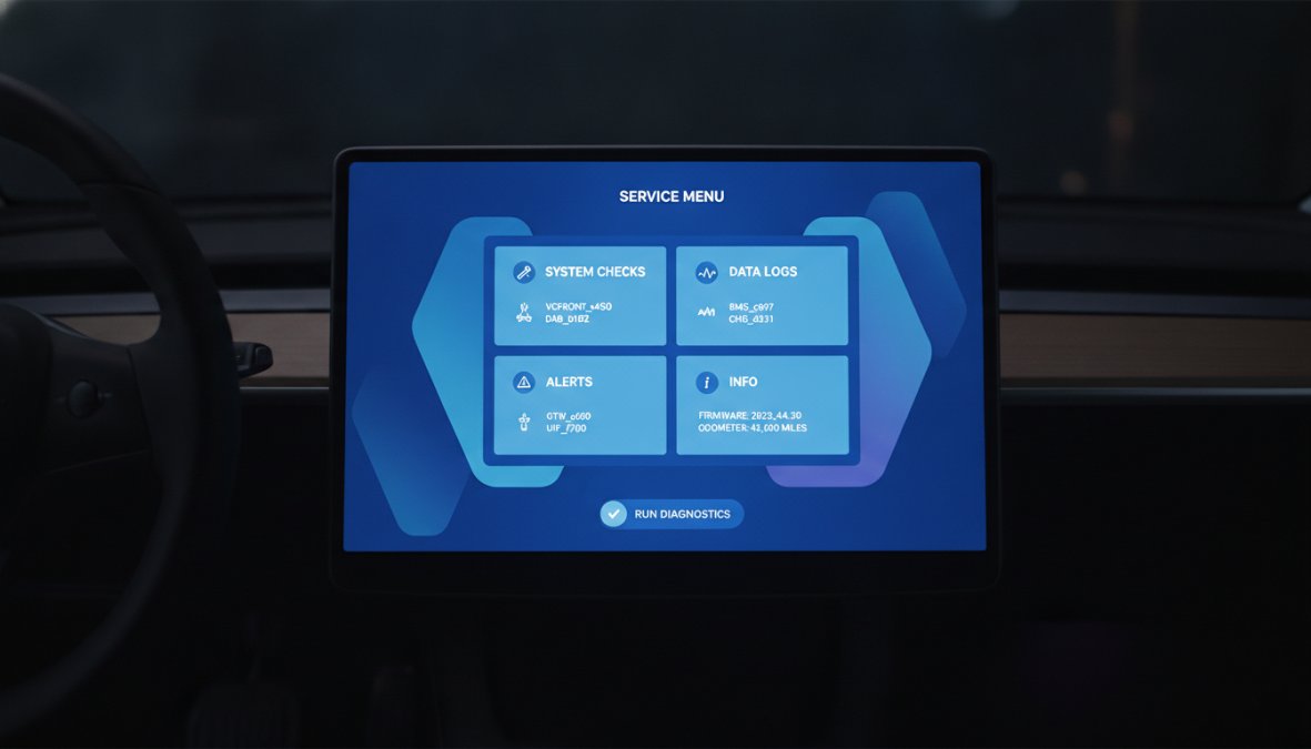 Close-up of a Tesla Model 3 centre touchscreen in a dimly lit car interior showing the Service Menu interface with diagnostic alert codes listed on screen, natural ambient lighting from the dashboard