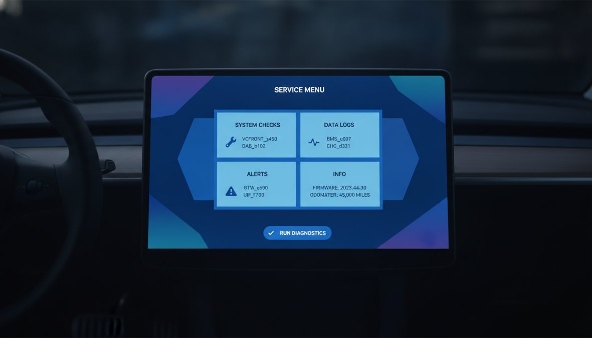 Tesla Model 3 driver's perspective showing the centre touchscreen displaying a red alert notification with fault code text visible, interior lit by ambient daylight through the windscreen
