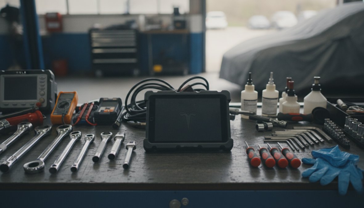 Close-up of a professional automotive technician's workbench in a clean workshop, with a laptop displaying diagnostic software, calibrated high-voltage test meters, torque wrenches, and Tesla-specific hand tools arranged under bright workshop lighting