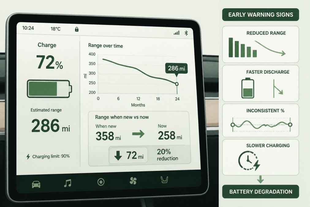 Close-up of a Tesla Model 3 dashboard displaying battery range and charge percentage on the central touchscreen with visible degradation in range metrics