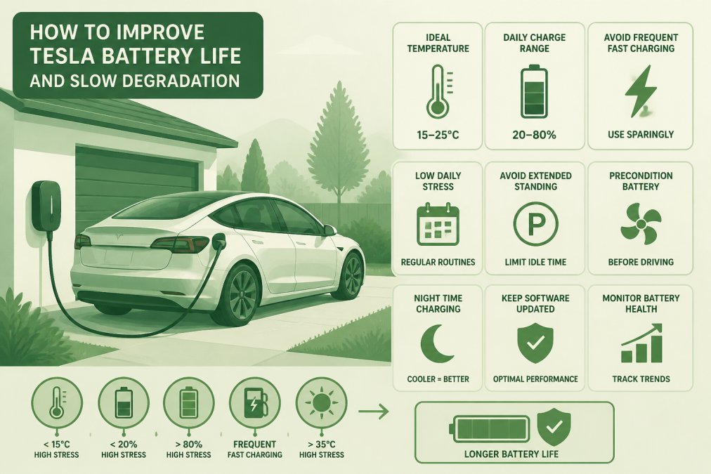 Tesla Model 3 plugged into a home charging station with the charging cable connected, showing the vehicle in a residential driveway with natural daylight