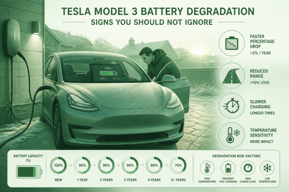 A Tesla Model 3 plugged into a home wall charger on a frosty UK driveway at dawn, light frost on the bonnet, driver leaning through the open door checking the touchscreen charging display
