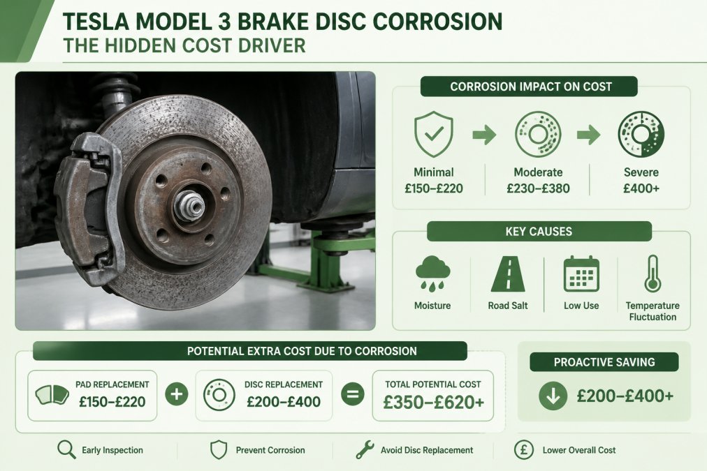 Close-up photograph of a Tesla Model 3 brake disc with visible surface corrosion and pitting on the braking surface, wheel removed, car raised on a lift in a clean workshop with overhead lighting