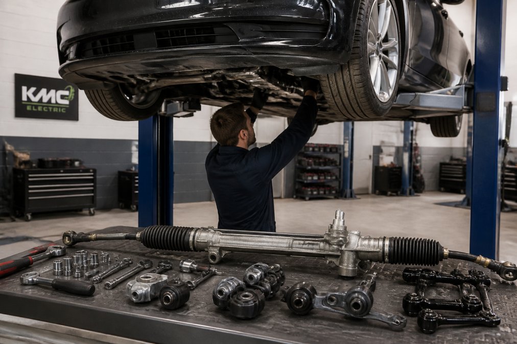 A mechanic in clean overalls working underneath a Tesla Model 3 raised on a two-post lift in a well-lit independent garage, with tools laid out on a nearby bench and the front subframe visible