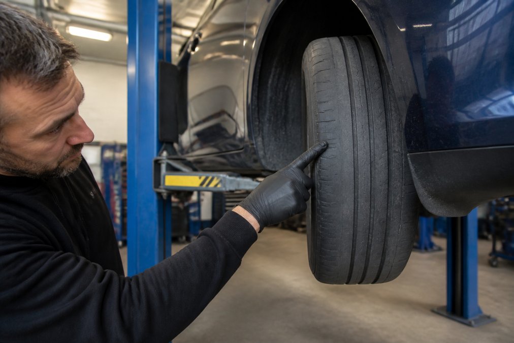 A technician's gloved hand pointing at uneven tread wear on a Tesla Model 3 tyre, with the car raised on a two-post ramp in a well-lit workshop