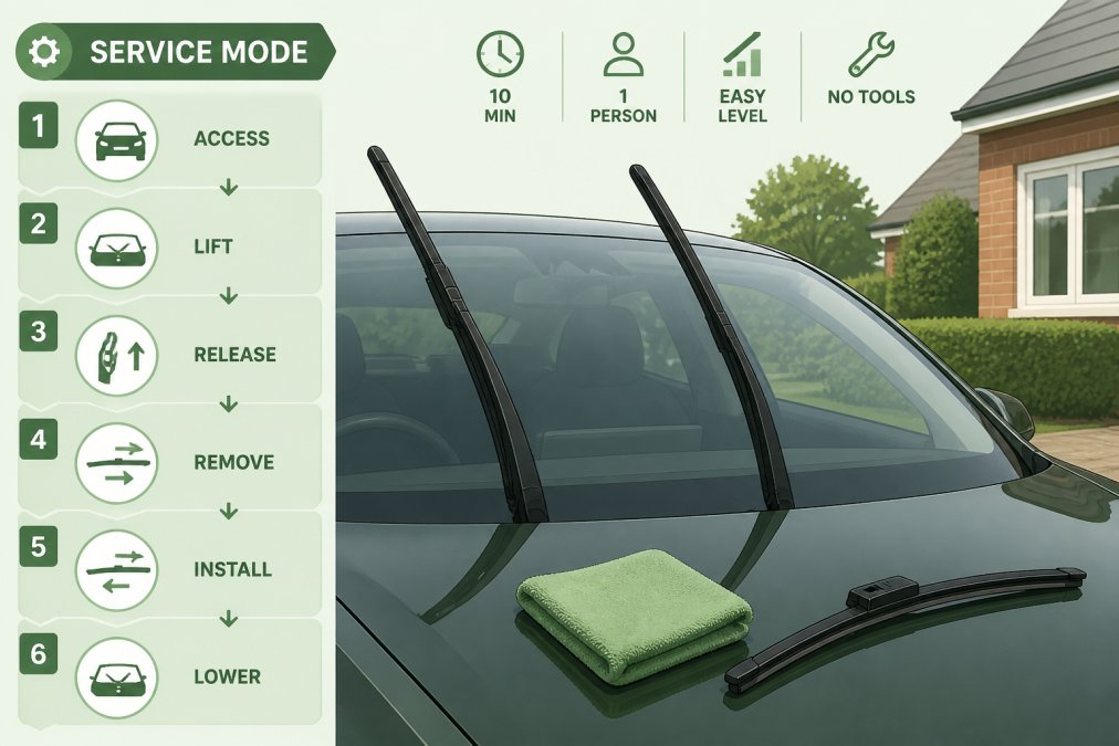 Close-up of a Tesla Model 3 windscreen with both wiper arms lifted vertically into the service position, a new wiper blade resting on the bonnet beside a microfibre cloth, daylight, British suburban driveway setting
