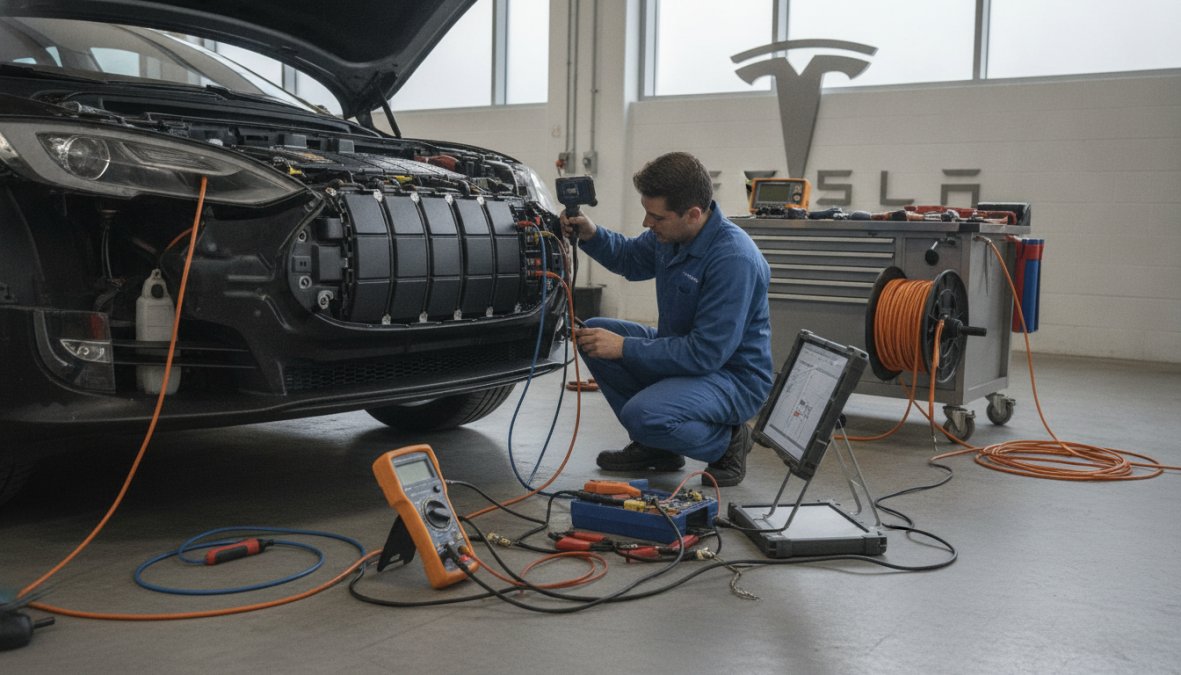 Technician in professional workshop inspecting Tesla battery pack modules with diagnostic equipment and safety protocols visible