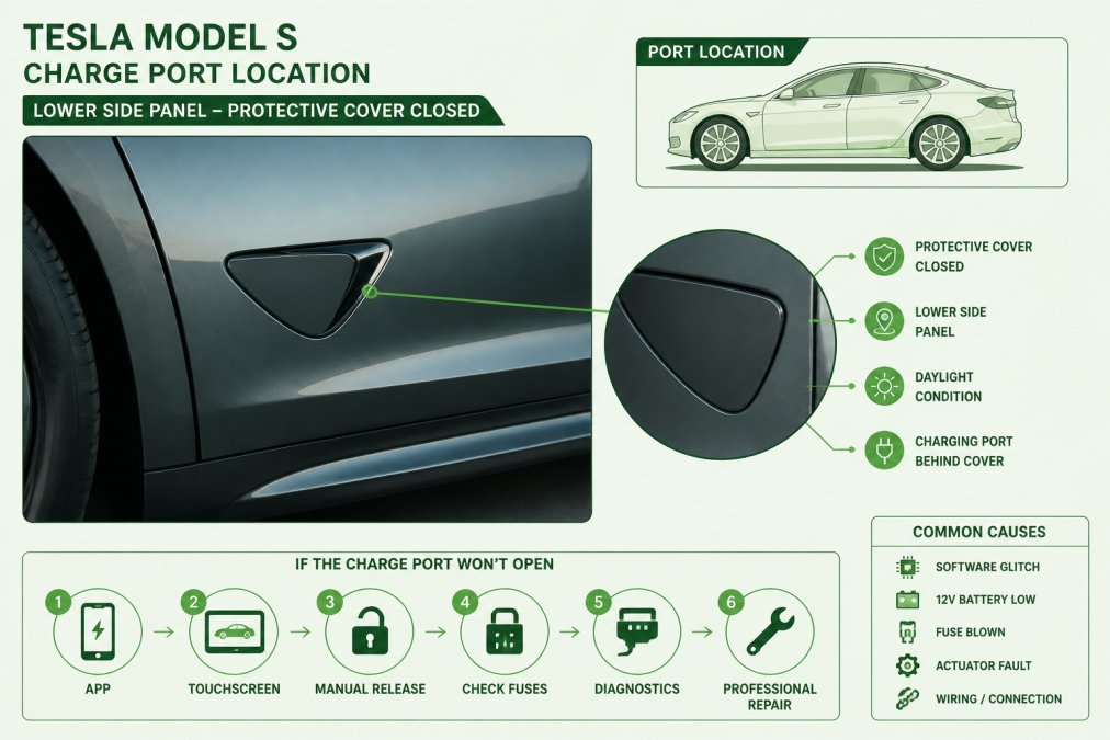 Close-up of a Tesla Model S charging port with the protective cover closed, showing the port location on the vehicle's lower side panel with natural daylight illuminating the area
