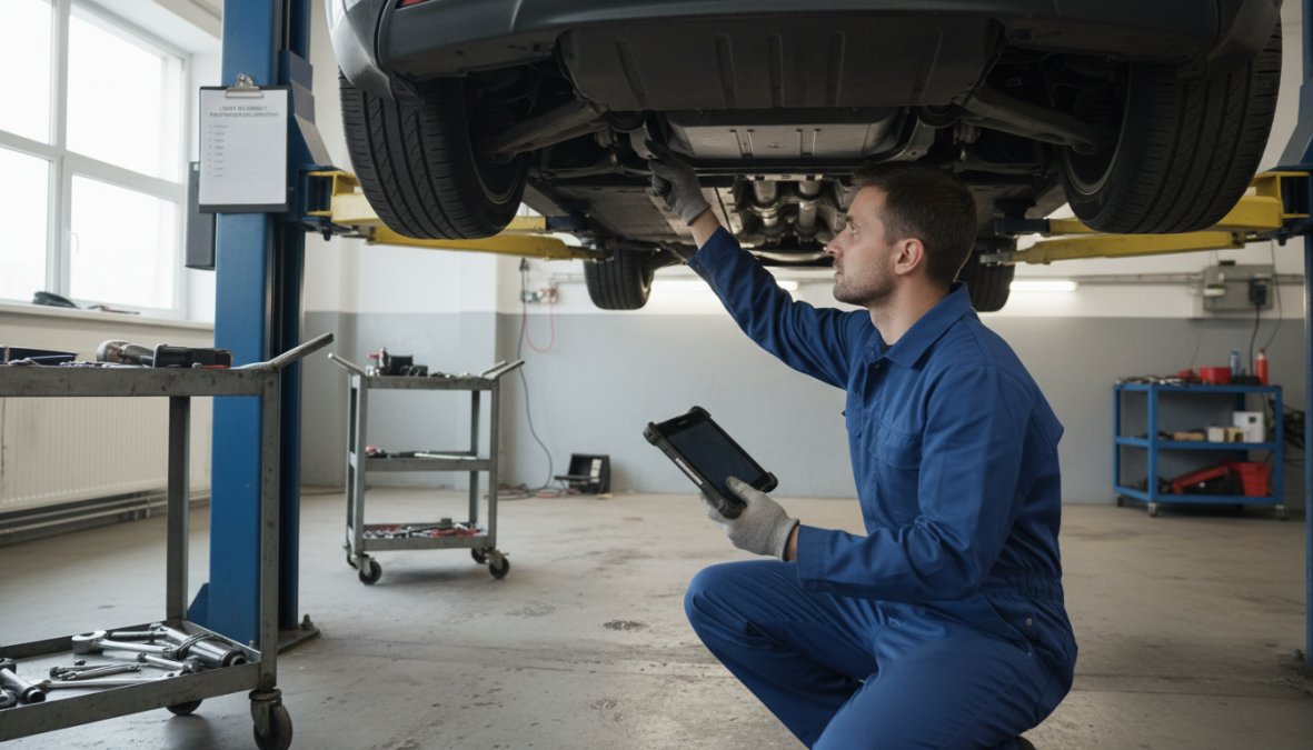 A technician in a blue workshop uniform using a diagnostic tablet connected to a Tesla Model S on a hydraulic lift, examining the undercarriage suspension components under bright workshop lighting with the front wheel removed