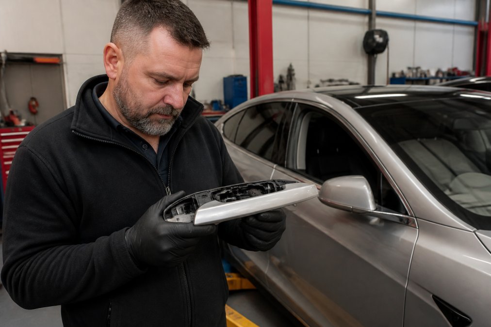 A technician in a professional workshop holding a Tesla Model S door handle assembly, with the silver car visible in the background under bright workshop lighting
