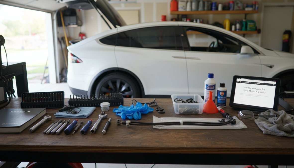 Close-up of a mechanic's gloved hands using a crowsfoot wrench on a Tesla drivetrain mounting bolt, metric socket set laid out on a clean workshop bench under bright LED lighting